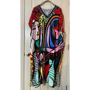 Picasso Inspired Cubist Art Kaftan Maxi Dress V-Neck Multi Color Oversized OS